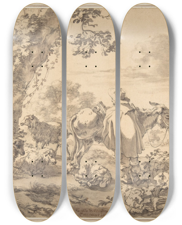 Triptych art skateboard deck of Jacob Van Der Does A Herdsman With A Donkey by Jacob van der Does (1623-1673)