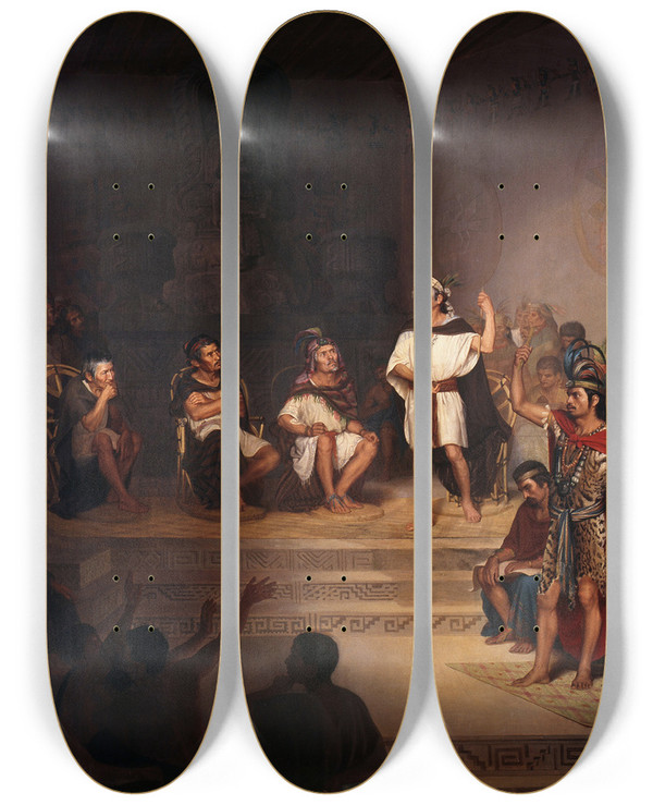 Triptych art skateboard deck of Rodrigo Gutirrez The Tlaxcalan Senate by Rodrigo Gutierrez (1948-1903)