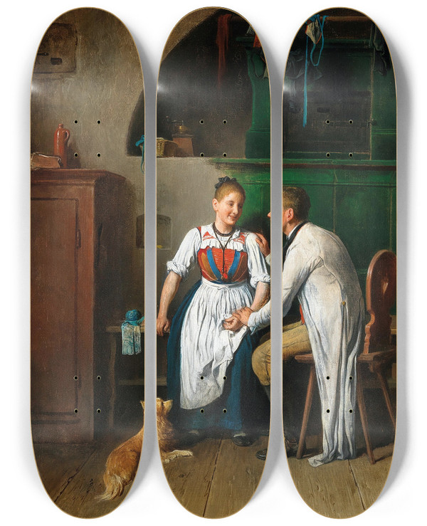 Triptych art skateboard deck of Friedrich Friedlnder Stelldichein In Der Stube by Friedrich Friedlander (1825-1901)