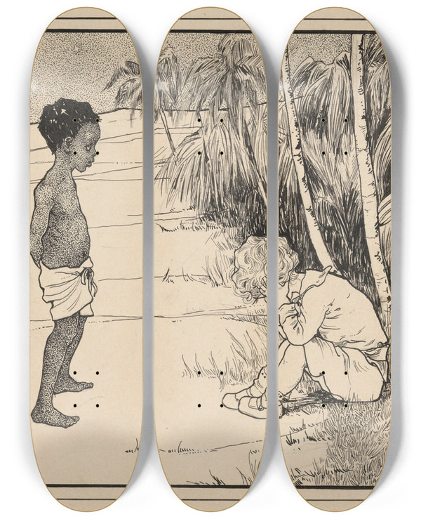 Triptych art skateboard deck of Nelly Spoor Twee Jongens In Een Woestijnlandschap by Nelly Spoor (1885-1950)
