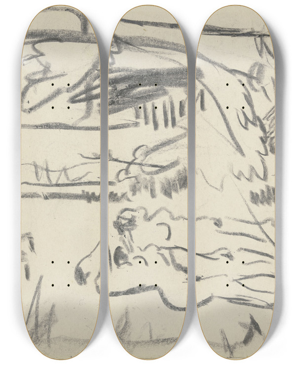 Triptych art skateboard deck of Ernst Ludwig Kirchner Drei Liegende Weibliche Akte Im Freien by Ernst Ludwig Kirchner (1880-1938)