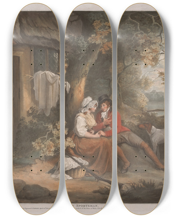 Triptych art skateboard deck of John Raphael Smith Shooting Enamourd Sportsman by John Raphael Smith (1752-1812)