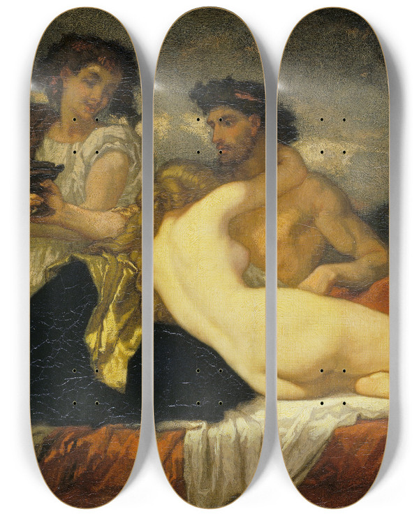 Triptych art skateboard deck of Thomas Couture Horace And Lydia by Thomas Couture (1815-1879)