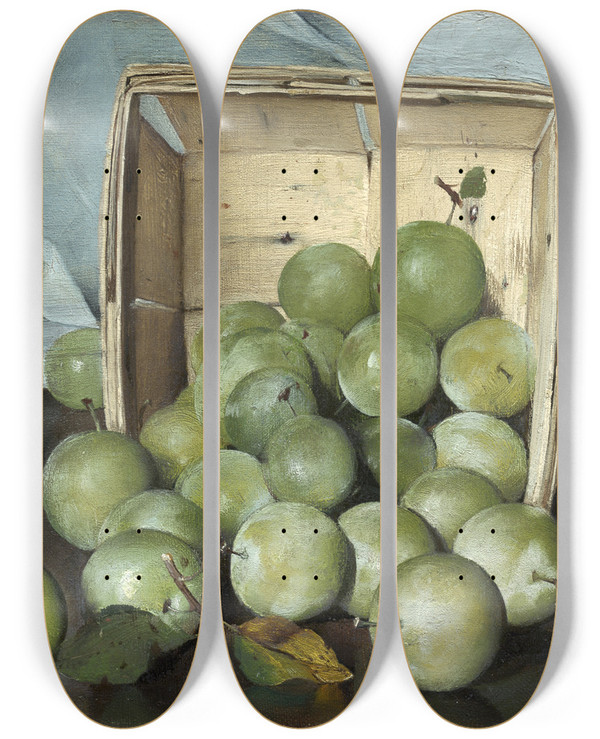Triptych art skateboard deck of Joseph Decker Green Plums by Joseph Decker (1853-1924)
