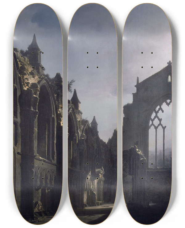 Triptych art skateboard deck of Louis Daguerre The Ruins Of Holyrood Chapel by Louis Daguerre (1787-1851)