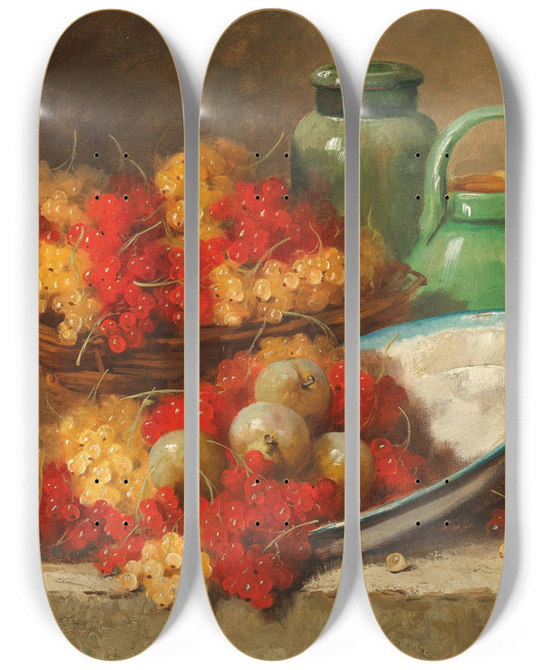 Triptych art skateboard deck of Arthuralfred Brunel De Neuville Still Life With Currant And A Green Pitcher by Arthur-Alfred Brunel de Neuville (1852-1941)