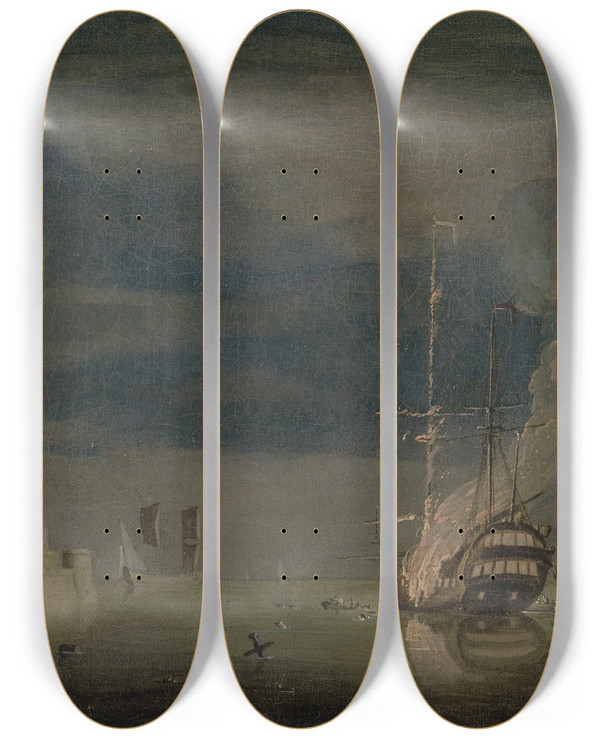 Triptych art skateboard deck of Charles Brooking A Twodecker On Fire At Night Off A Fort by Charles Brooking (1723-1759)