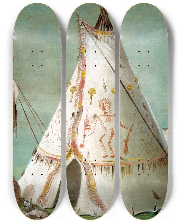 Triptych art skateboard deck of George Catlin Crow Lodge Of Twentyfive Buffalo Skins by George Catlin (1796-1872)