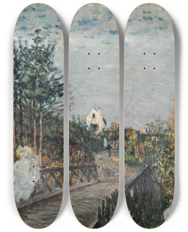 Triptych art skateboard deck of Alfred Sisley Le Pont Du Chemin De Fer by Alfred Sisley (1840-1899)