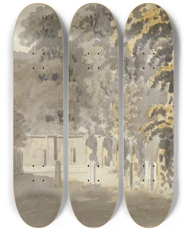 Triptych art skateboard deck of James Miller House With Trees by James Miller (1773-1814)