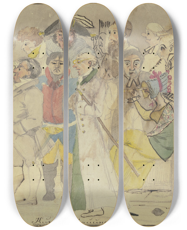 Triptych art skateboard deck of Ludwig Emil Grimm Kunstbeschauung by Ludwig Emil Grimm (1790-1863)