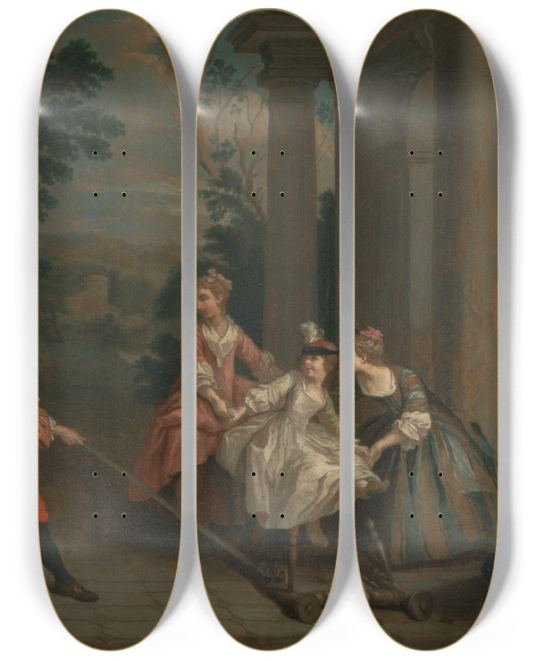 Triptych art skateboard deck of Joseph Francis Nollekens Children Playing With A Hobby Horse by Joseph Francis Nollekens (1702-1748)