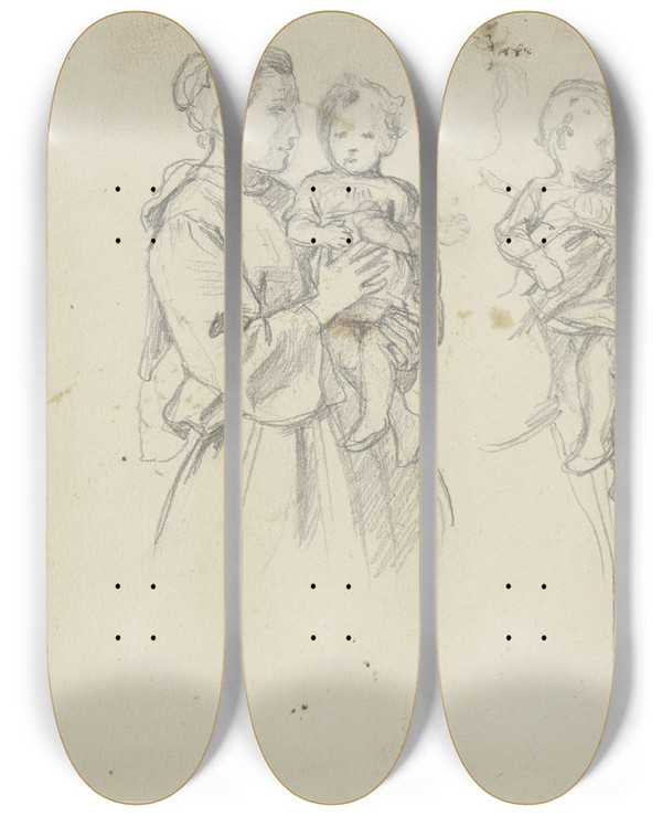 Triptych art skateboard deck of Jakob Becker Studienblatt Frau Mit Kind_2 by Jakob Becker (1810-1872)