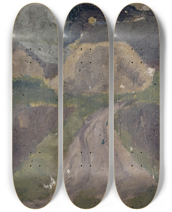 Triptych art skateboard deck of Ernst Schiess Farmhouses by Ernst Schiess (1872-1919)
