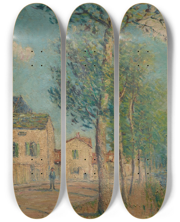 Triptych art skateboard deck of Gustave Loiseau Le Chemin Au Bord De La Rivire by Gustave Loiseau (1865-1935)