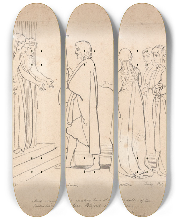 Triptych art skateboard deck of John Flaxman Illustration To Pilgrims Progress by John Flaxman (1755-1826)