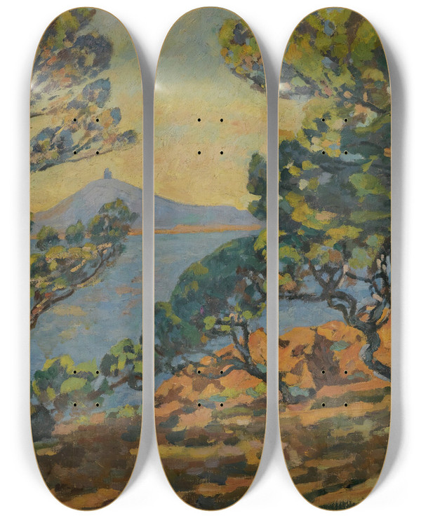 Triptych art skateboard deck of Armand Guillaumin La Baie Dagay Et Le Smaphore by Armand Guillaumin (1841-1927)