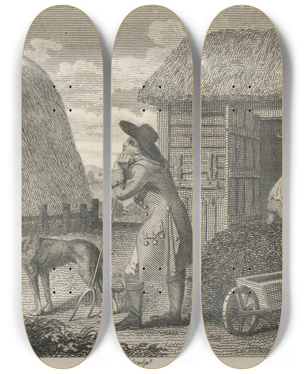 Triptych art skateboard deck of John Wootton Fable Xxxv The Barleymow And The Dunghil by John Wootton (1686-1765)