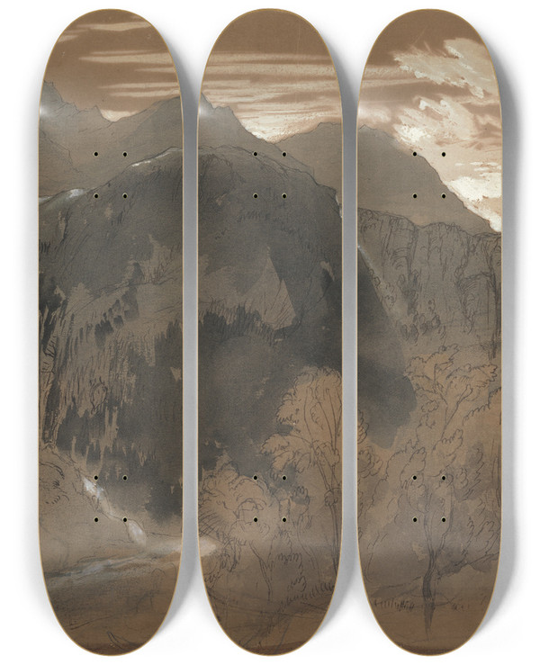 Triptych art skateboard deck of John Ruskin Mountainous Landscape_1 by John Ruskin (1819-1900)