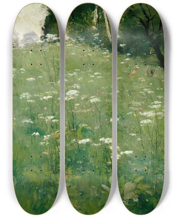 Triptych art skateboard deck of Franz Xaver Grel Meadow With Flowers by Franz Xaver Grasel