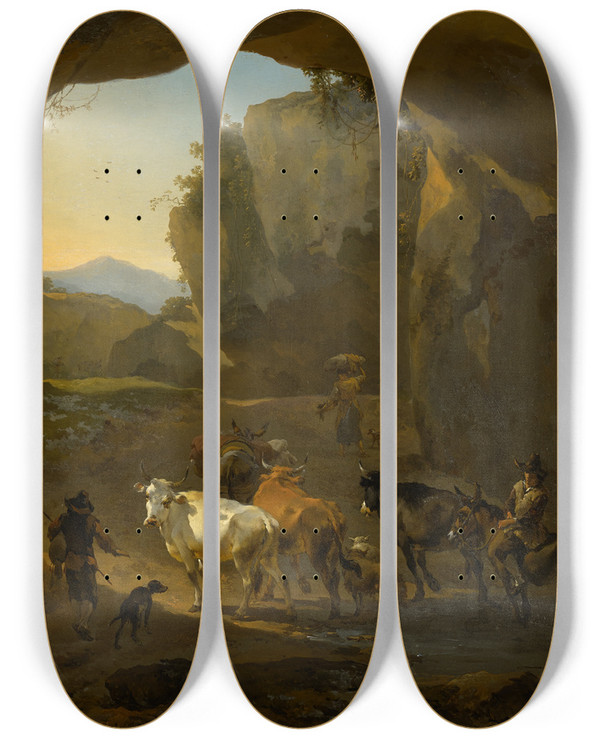 Triptych art skateboard deck of Nicolaes Pietersz Berchem Peasants With Cattle In A Cave by Nicolaes Pietersz Berchem (1620-1683)