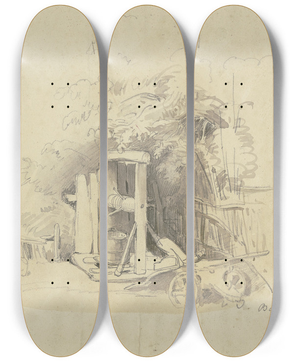 Triptych art skateboard deck of Jakob Frchtegott Dielmann Bei Einem Zaun Eine Winde Mit Zuber Schubkarren Und Anderen Gerten Zum Brunnengraben by Jakob Furchtegott Dielmann (1809-1885)