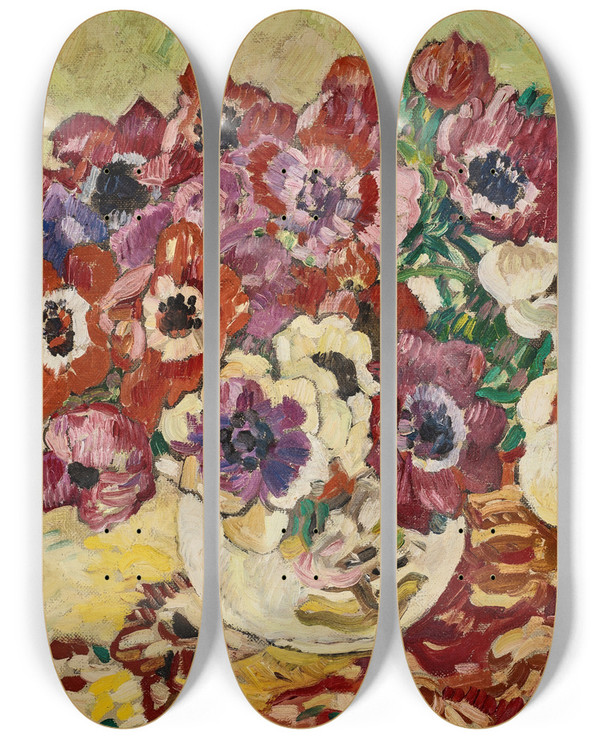 Triptych art skateboard deck of Louis Valtat Bouquet Danmones Au Vase Loiseau Sur Fond Jaune by Louis Valtat (1869-1952)