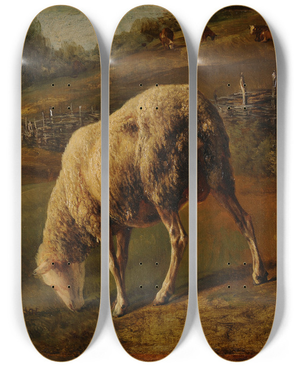Triptych art skateboard deck of Jacquesraymond Brascassat Moutons Et Brebis Au Pturage by Jacques Raymond Brascassat (1804-1867)