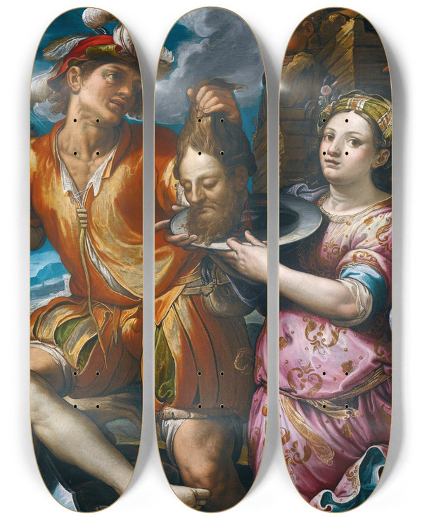 Triptych art skateboard deck of Ferra Fenzoni The Beheading Of Saint John The Baptist by Ferrau Fenzoni (1562-1645)
