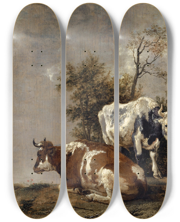 Triptych art skateboard deck of Paulus Potter Three Cows On A Pasture by Paulus Potter (1625-1654)