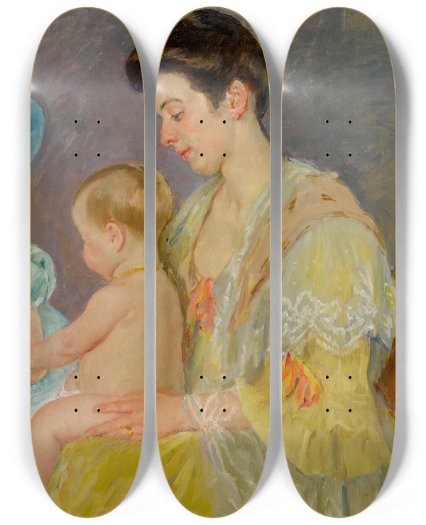 Triptych art skateboard deck of Mary Cassatt Children Playing With A Cat by Mary Cassatt (1844-1926)