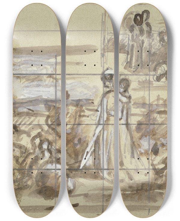 Triptych art skateboard deck of Philipp Rumpf Liebespaar Im Freien by Philipp Rumpf (1821-1896)