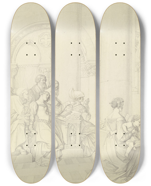Triptych art skateboard deck of Peter Von Cornelius Scene In The Cathedral by Peter Von Cornelius (1784-1867)