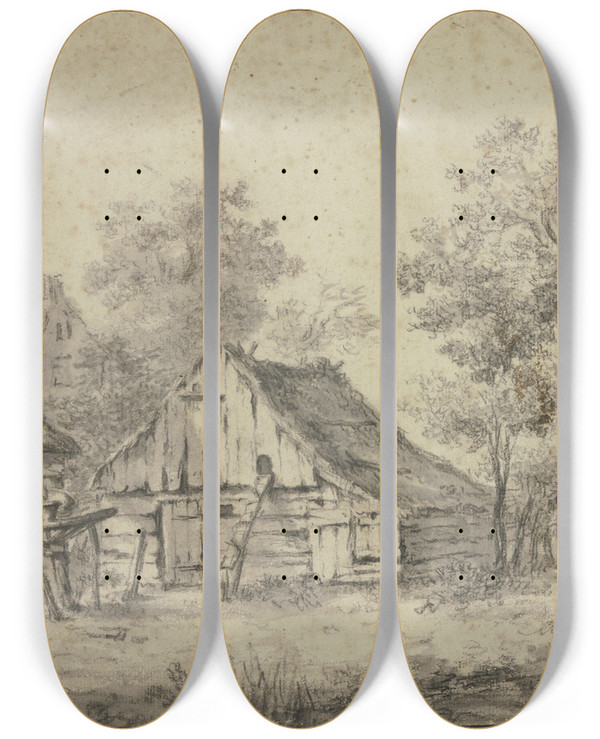 Triptych art skateboard deck of Meindert Hobbema Huser Unter Bumen Dabei Ein Auf Einen Pfahl Gepflanztes Rad by Meindert Hobbema (1638-1709)