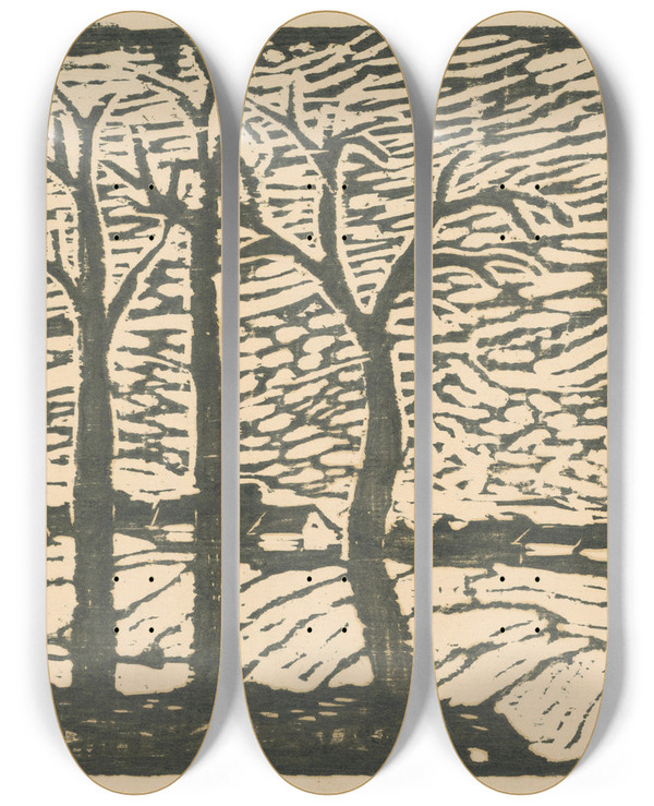 Triptych art skateboard deck of Mikul Galanda Autumn by Mikulas Galanda (1895-1938)