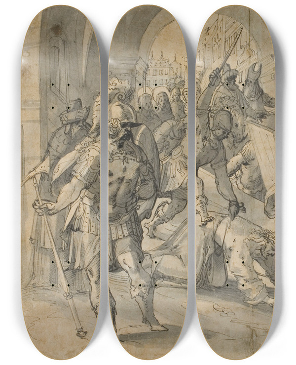 Triptych art skateboard deck of Caspar Fraisinger Christ Falling Under The Cross by Caspar Fraisinger (1560-1599)