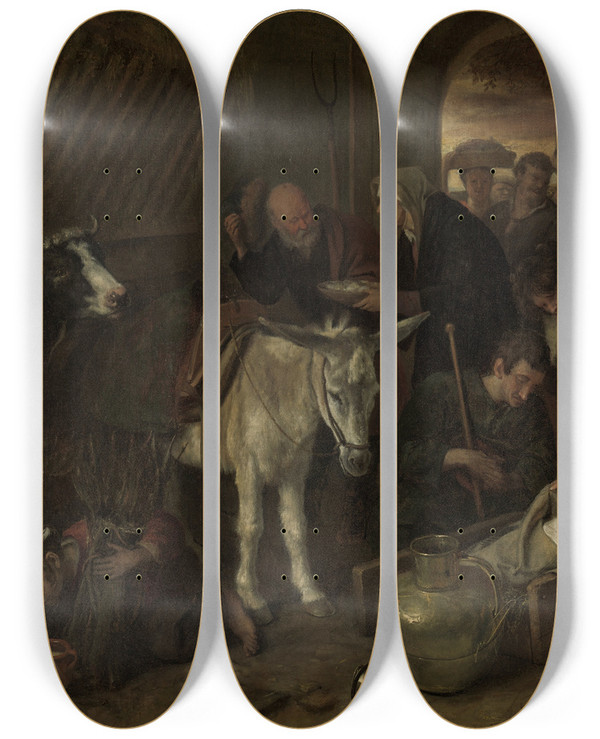 Triptych art skateboard deck of Jan Steen The Adoration Of The Shepherds_1 by Jan Steen (1626-1679)
