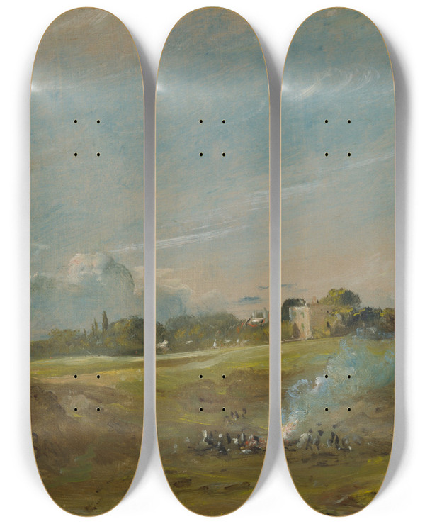 Triptych art skateboard deck of John Constable Hampstead Heath With A Bonfire by John Constable (1776-1837)