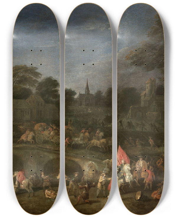 Triptych art skateboard deck of Jeanantoine Watteau La Revanche Des Paysans by Jean-Antoine Watteau (1684-1721)