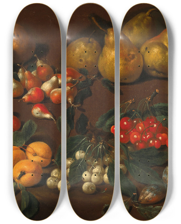 Triptych art skateboard deck of Bartolomeo Bimbi Pears Apricots Cherries And Plums by Bartolomeo Bimbi
