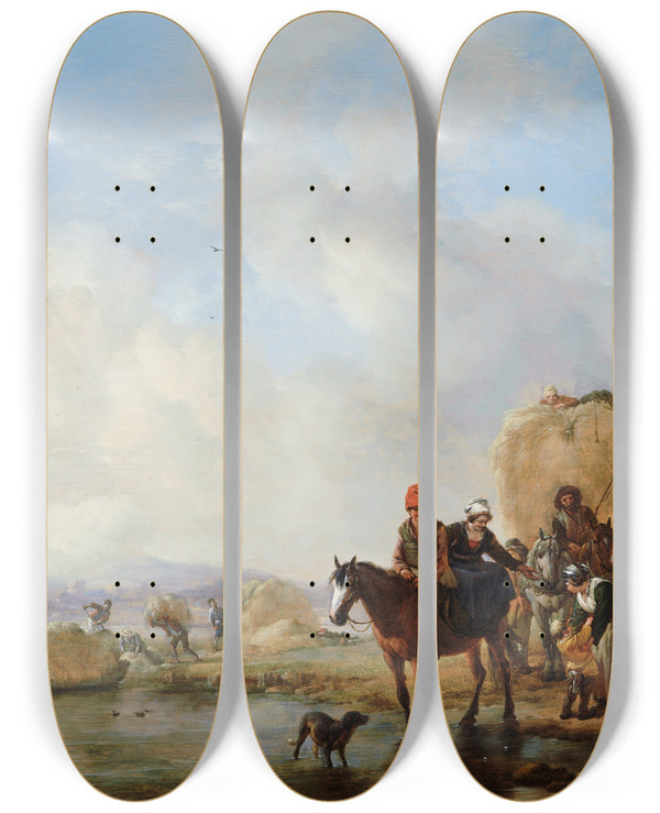 Triptych art skateboard deck of Philips Wouwerman The Hay Wagon by Philips Wouwerman (1619-1668)