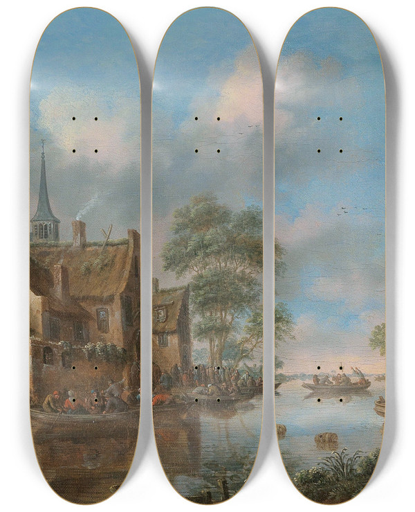 Triptych art skateboard deck of Thomas Heeremans A River Landscape With Fishermen by Thomas Heeremans (1641-1694)