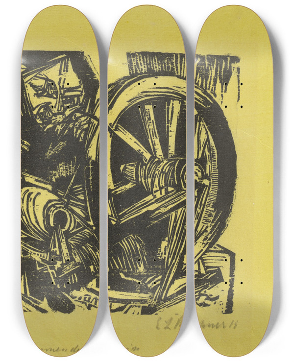 Triptych art skateboard deck of Ernst Ludwig Kirchner Spinnende Buerin by Ernst Ludwig Kirchner (1880-1938)