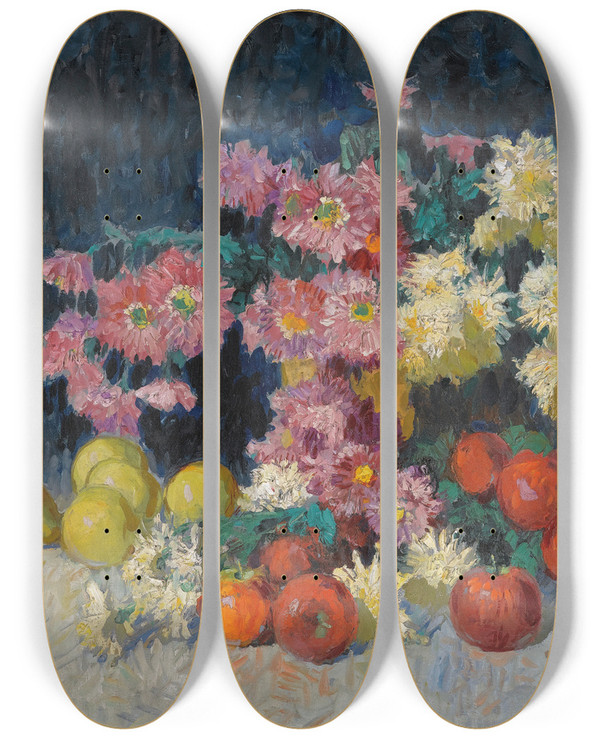 Triptych art skateboard deck of Konstantin Ivanovich Gorbatov Still Life With Flowers And Fruit by Konstantin Ivanovich Gorbatov (1876-1945)