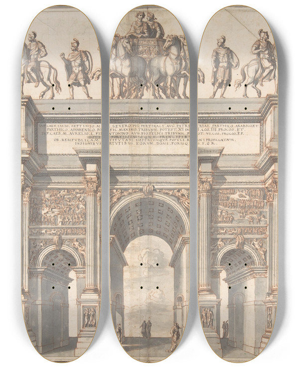 Triptych art skateboard deck of Jan Goeree A Reconstruction Of The Arch Of Septimius Severus by Jan Goeree (1670-1731)