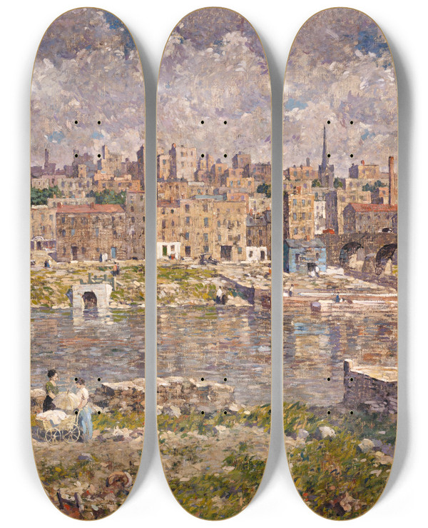 Triptych art skateboard deck of Robert Spencer The Other Shore by Robert Spencer (1879-1931)