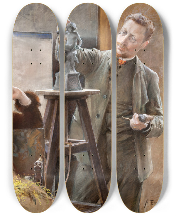 Triptych art skateboard deck of Albert Edelfelt The Sculptor Ville Vallgren And His Wife by Albert Edelfelt (1854-1905)