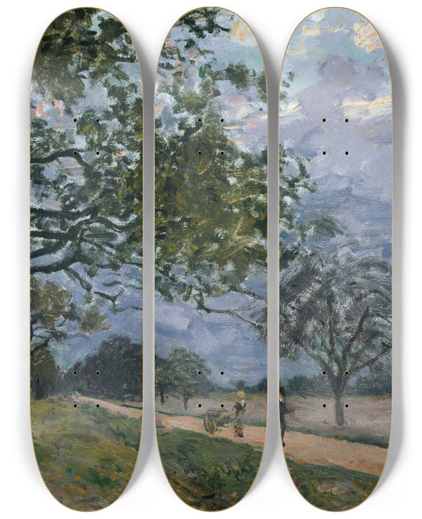 Triptych art skateboard deck of Alfred Sisley The Road From Versailles To Louveciennes by Alfred Sisley (1840-1899)