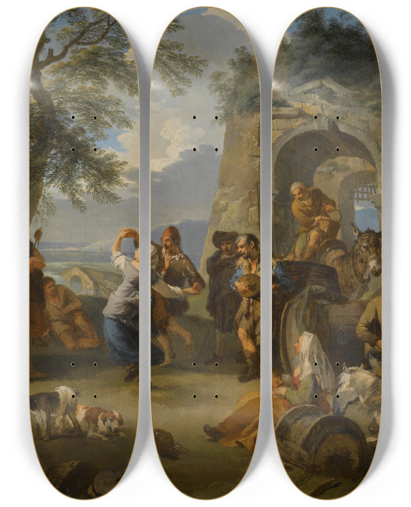 Triptych art skateboard deck of Andrea Locatelli A Landscape With Peasants Dancing And Merrymaking by Andrea Locatelli (1695-1741)
