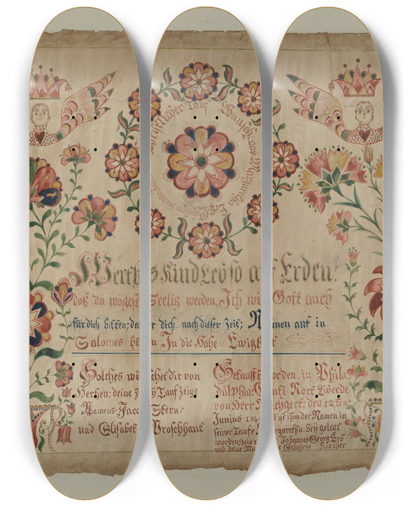 Triptych art skateboard deck of Albert Levone Pa German Birth Certificate_3 by Albert Levone (20-)